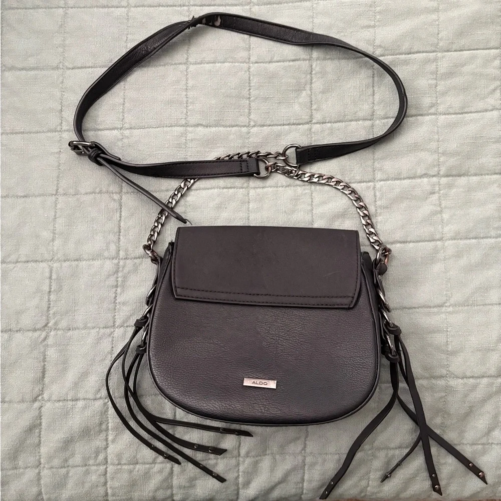 Aldo Black Western Boho Crossbody Saddle Bag | Embroidered Tassel Chain Purse